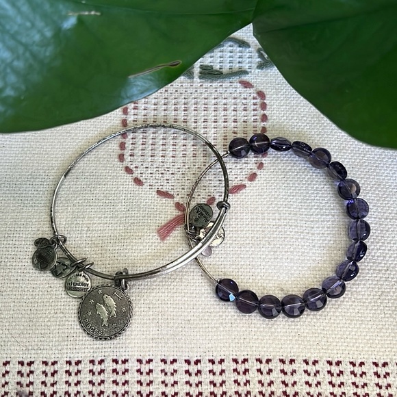 Alex & Ani Women’s 2 Charm Bangle Set — Adjustable & Beaded Silver Bracelet - Picture 1 of 12
